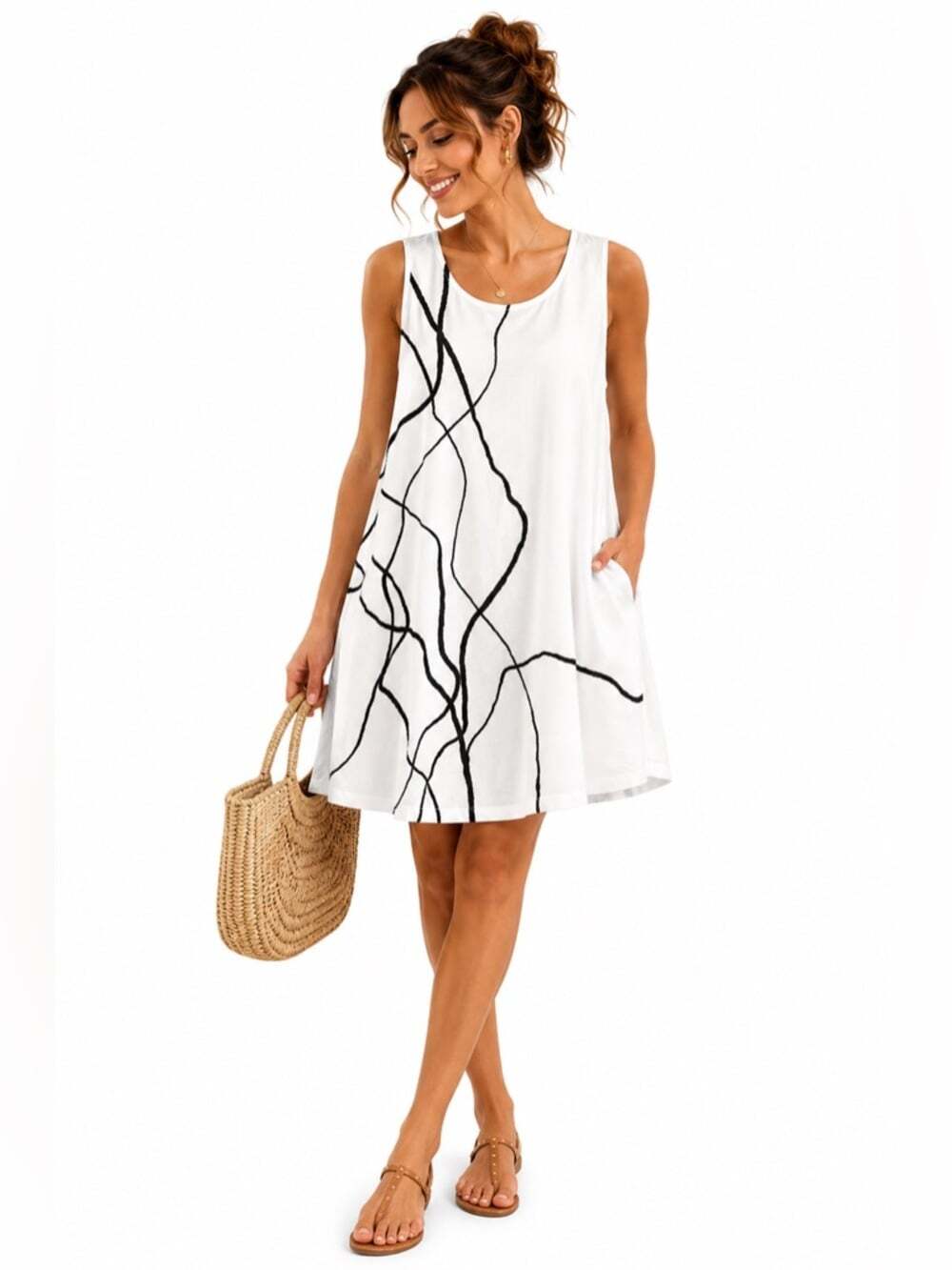 Wynne Layers White Sleeveless Shift Dress Size L Abstract Minimalist Print
